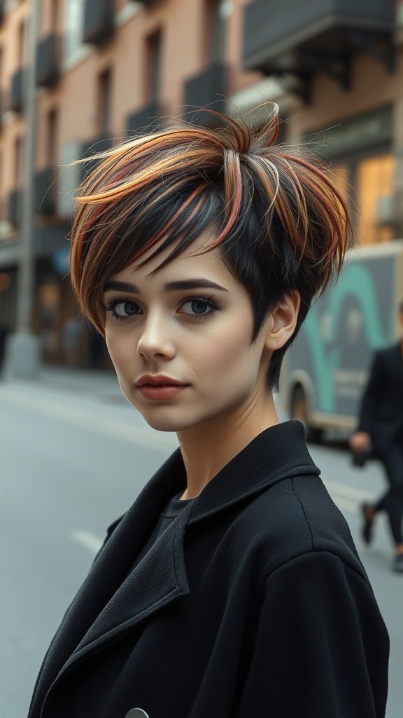 A young woman with a classic pixie hairstyle featuring modern highlights, standing on a city street.