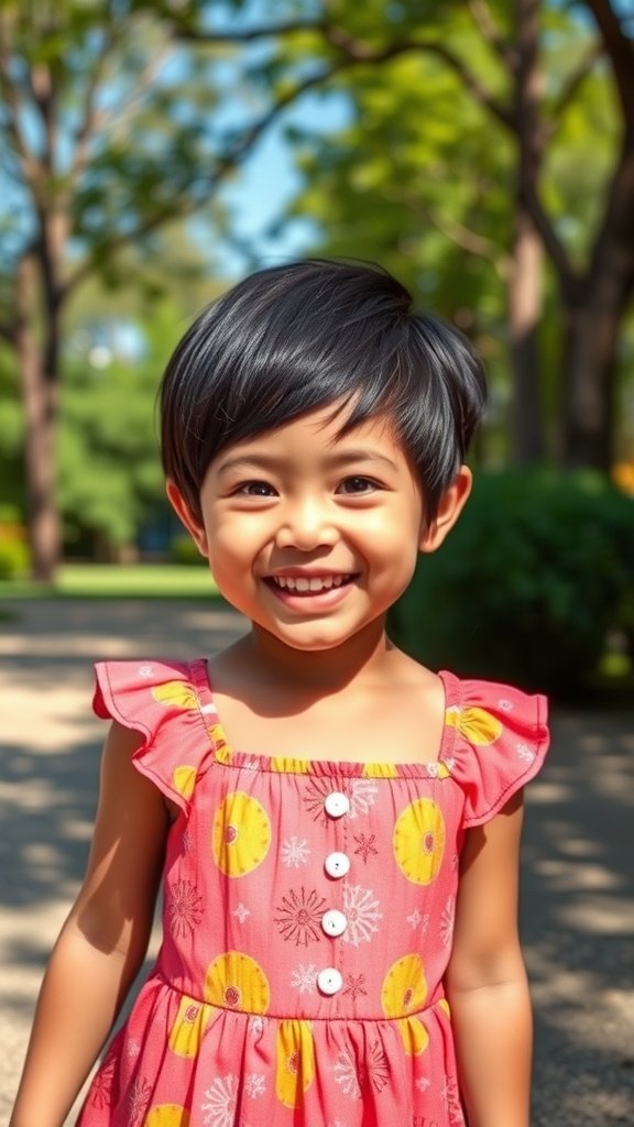 A smiling little girl with a classic pixie haircut and side bangs, wearing a pink dress with yellow patterns.
