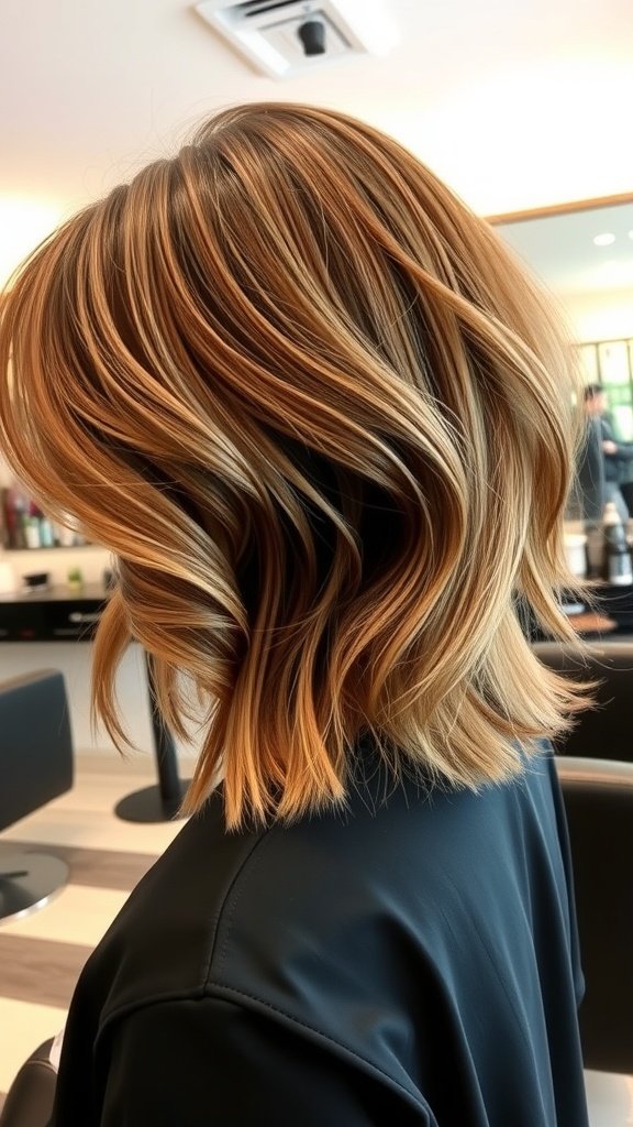 A stylish layered bob haircut with contrasting lengths, featuring warm tones and soft waves.
