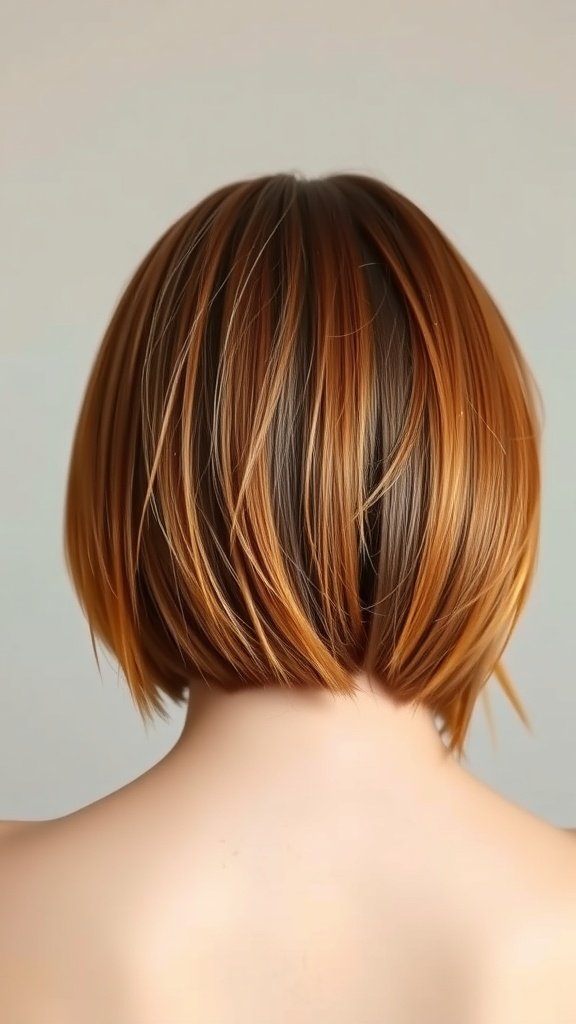 Back view of a copper bowl cut hairstyle with discreet layers.