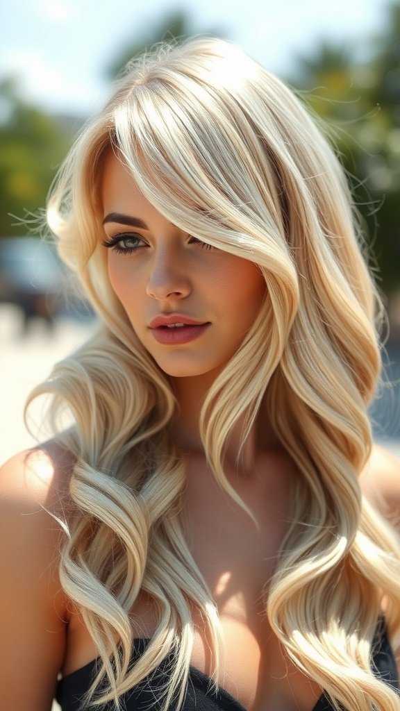 A woman with crystalline ash blonde hair styled in soft waves, showcasing a luminous and modern look.