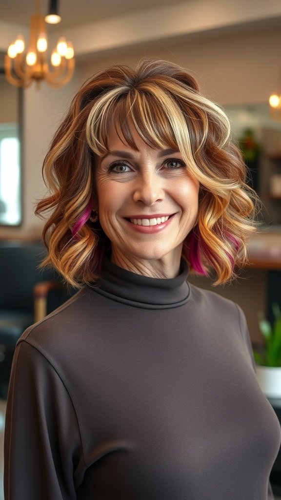 A woman with a curly bob hairstyle featuring chunky highlights, smiling in a modern salon setting.