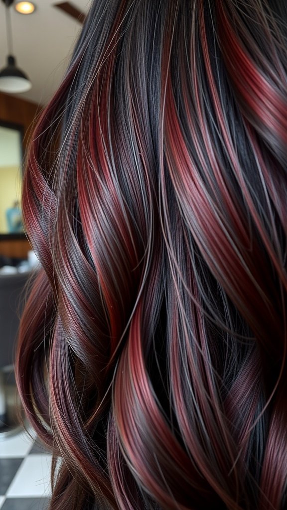 A close-up of deep brown hair with rich burgundy highlights, showcasing beautiful waves and curls.