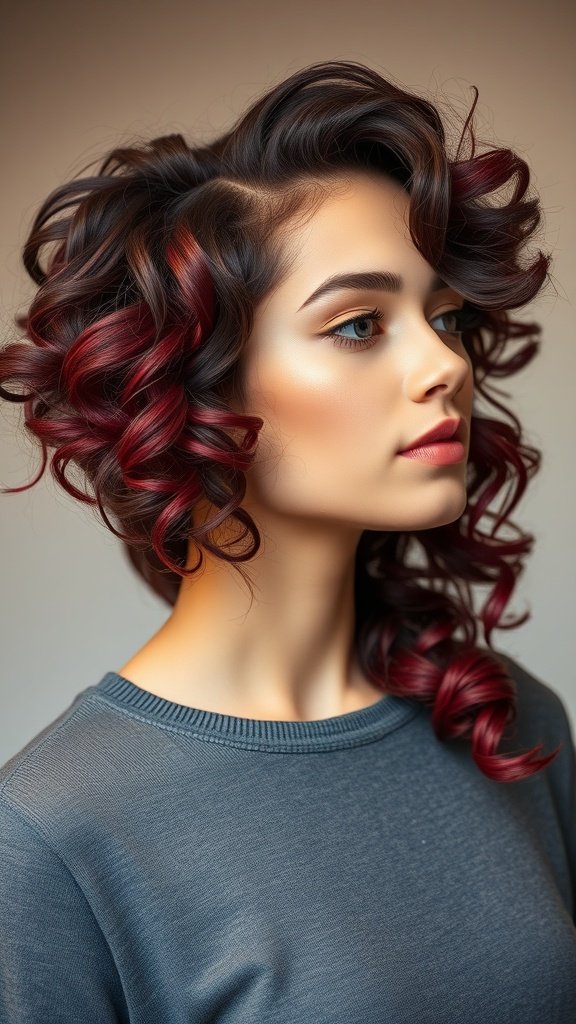 A woman with defined curls and an undercut hairstyle, showcasing vibrant color highlights.
