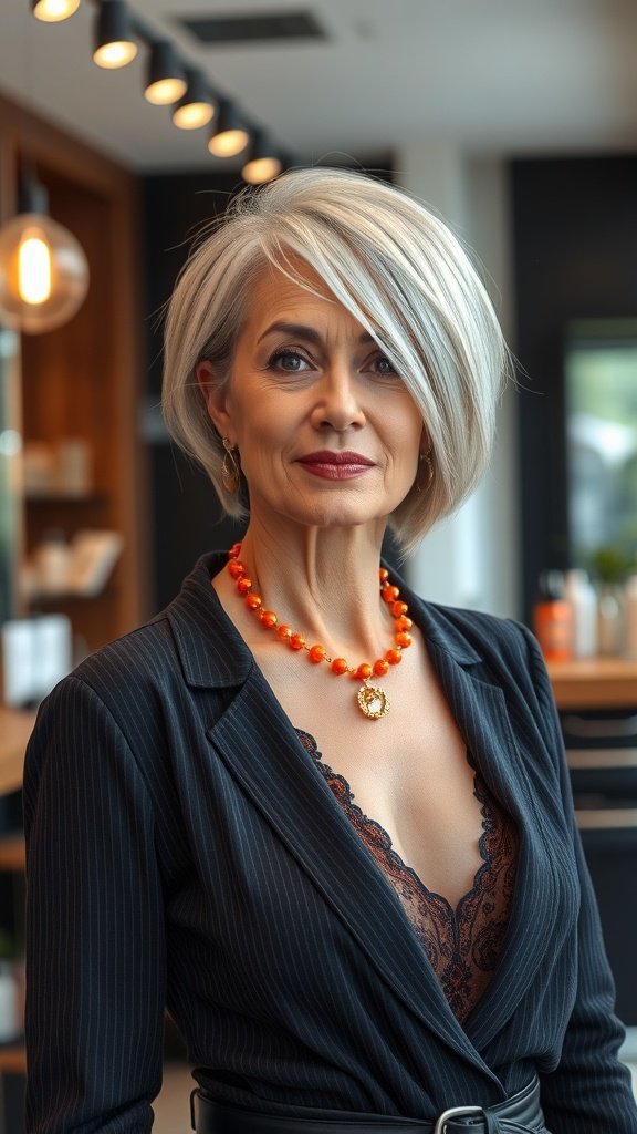 A stylish woman with an edgy angled bob hairstyle, wearing a black outfit and an orange necklace, showcasing a modern and confident look.