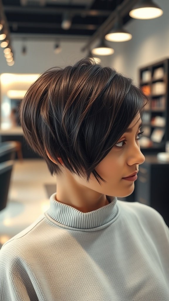A woman with an edgy short haircut and side fringe, showcasing a stylish look.