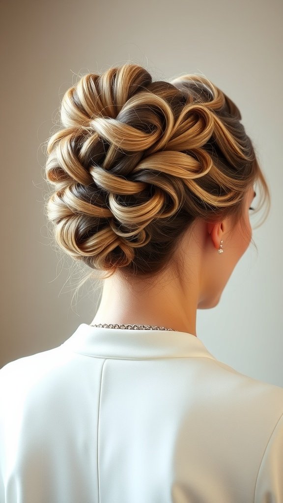A woman with a stylish curly chignon hairstyle, showcasing elegant curls pinned up in a bun.