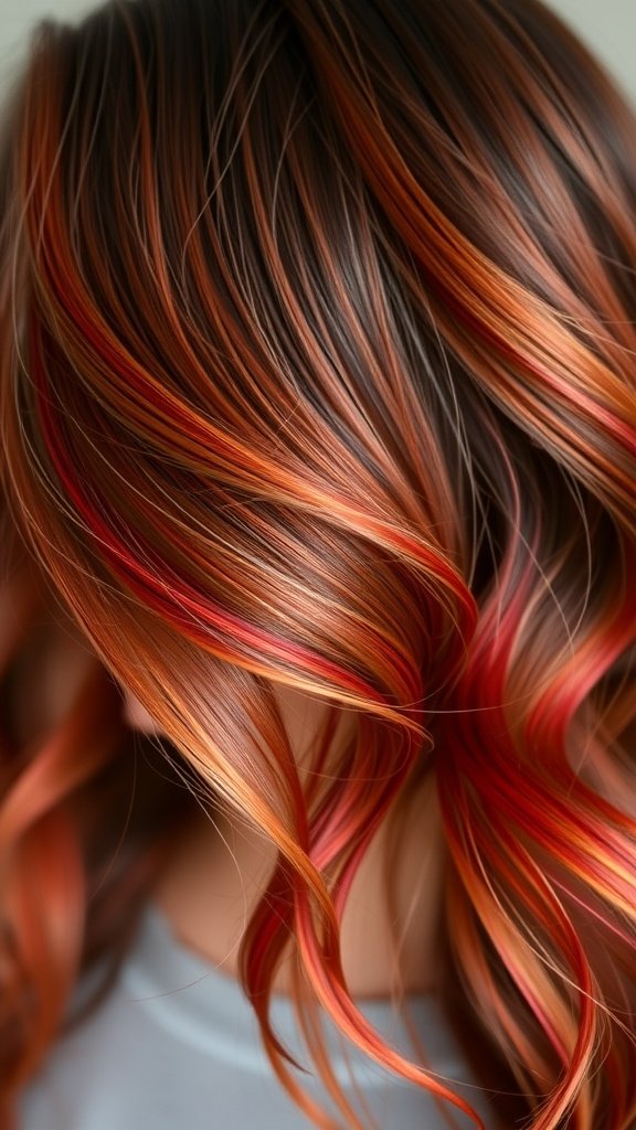 Espresso brown hair with fiery red highlights styled in soft waves