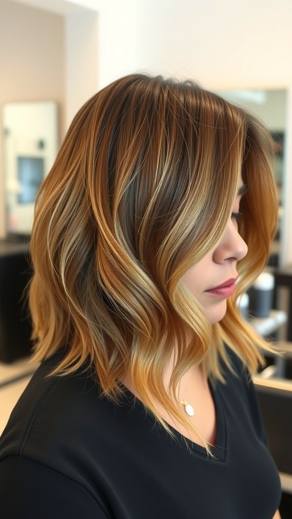 Shoulder-length feathered hairstyle with French balayage highlights