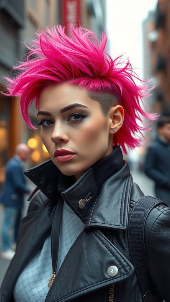 A person with a fiery pink undercut hairstyle, featuring spiky pink hair on top and shaved sides, wearing a leather jacket.