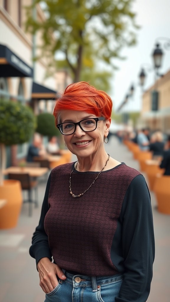 A woman with a fiery red pixie haircut and glasses, smiling outdoors.