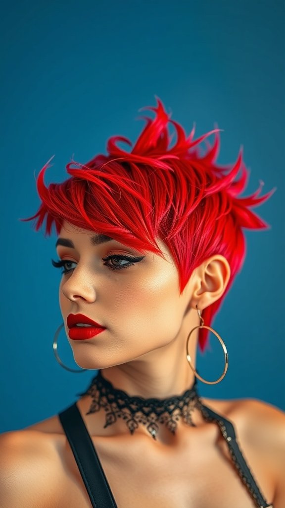 A woman with a flaming red bixie haircut, showcasing textured layers and playful spikes, wearing bold makeup and hoop earrings.
