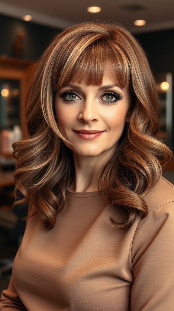 A woman with glamorous Hollywood waves and blunt bangs, showcasing a chic hairstyle.