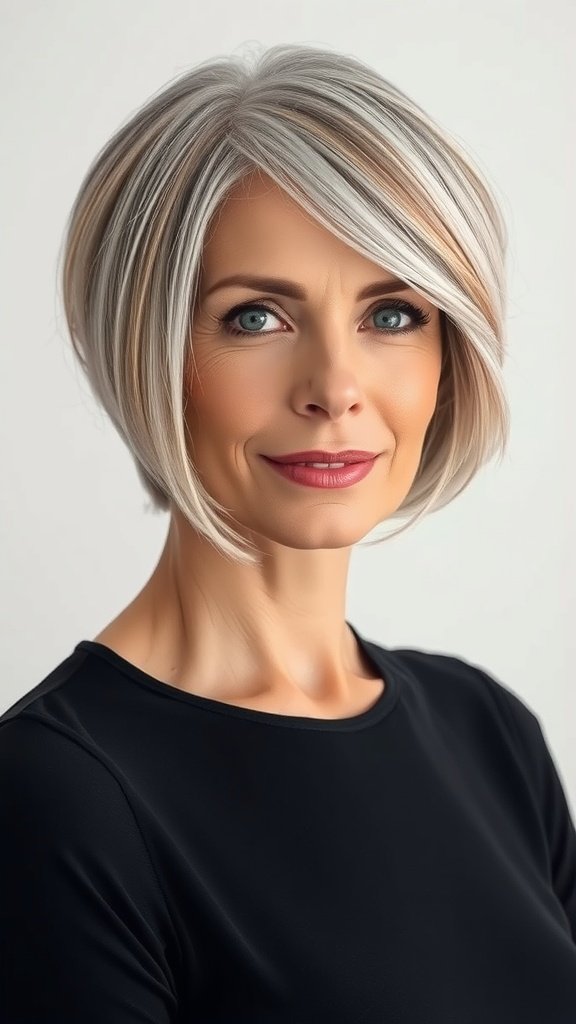 A woman with a stylish gray bob hairstyle featuring subtle caramel highlights.