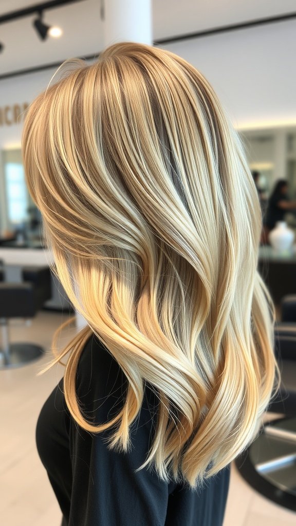 High-volume blonde hair with dark roots styled in soft waves