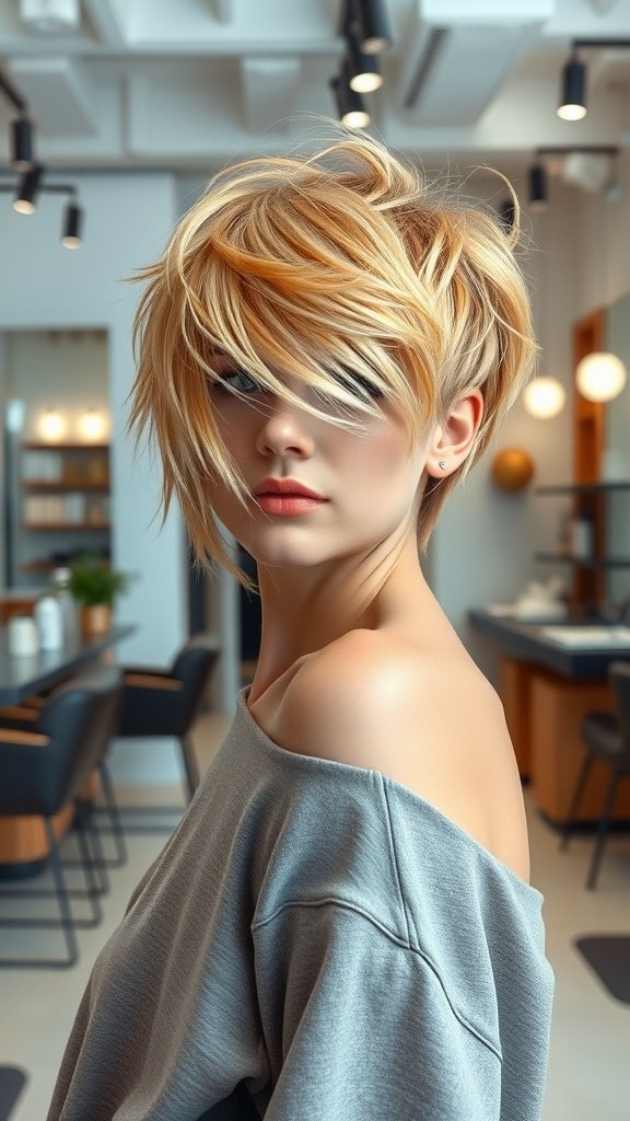 A woman with a honey-kissed shaggy pixie cut, showcasing warm golden highlights and soft layers.