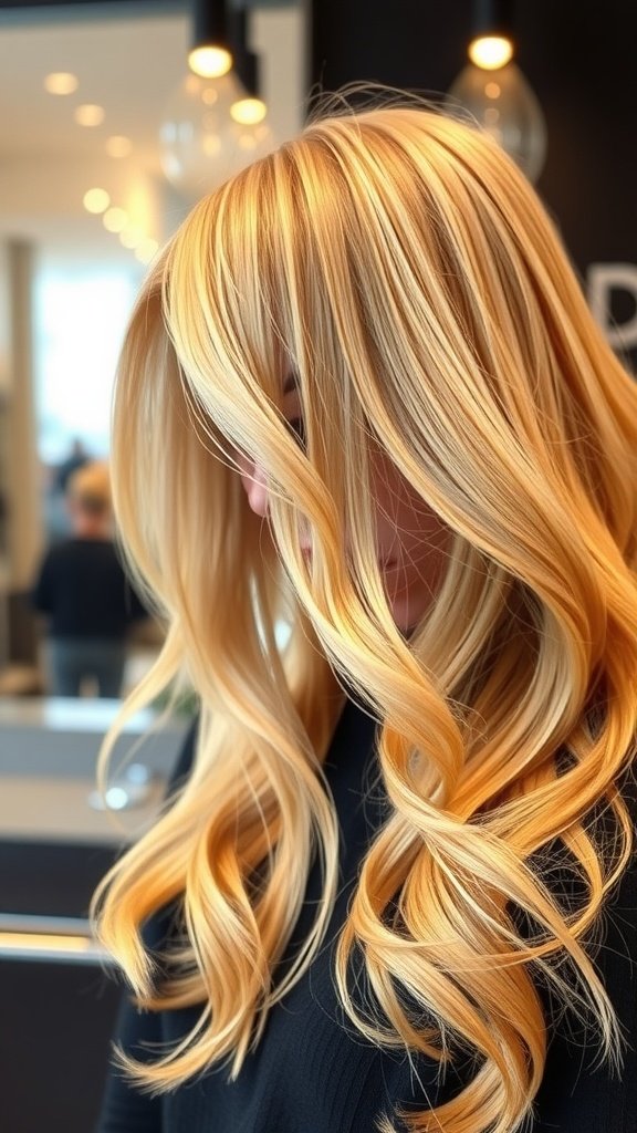 A woman with honey blonde lob hairstyle featuring loose waves
