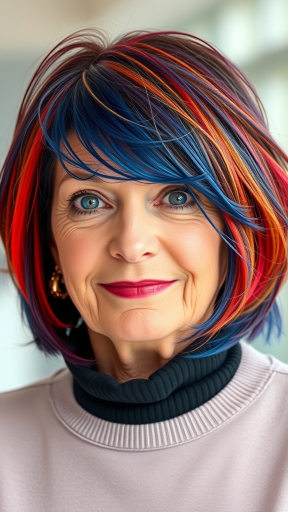 A woman with a lob hairstyle featuring bold blue and red color accents.