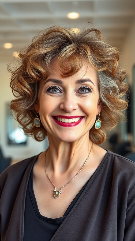 A woman with medium length curly hair and soft bangs, smiling confidently.
