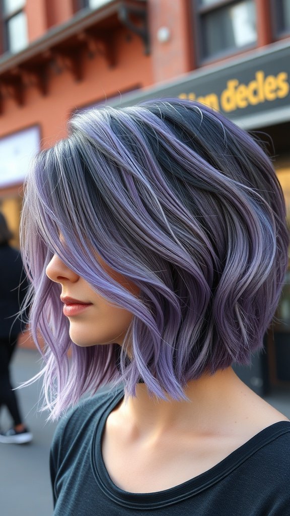 Mid-length shag haircut with purple streaks