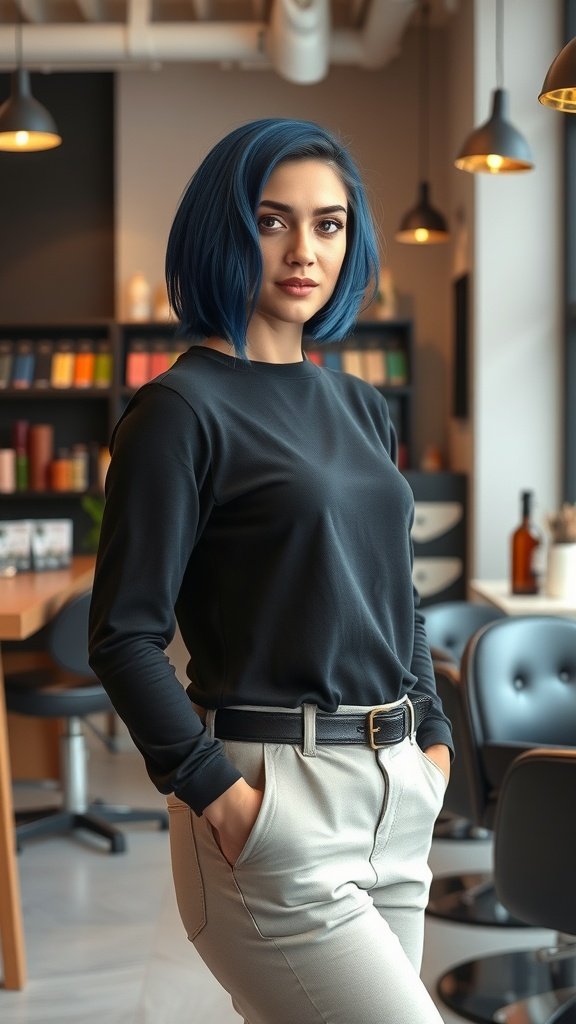 A woman with a midnight blue bob hairstyle, wearing a black top and light-colored pants, standing in a modern cafe.