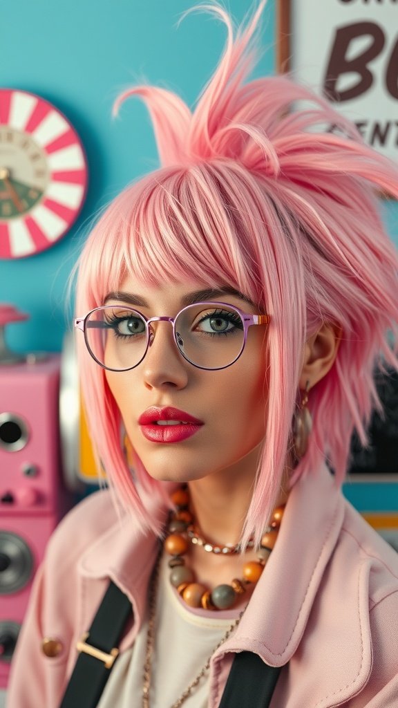 A model with pastel pink shaggy mullet hairstyle, wearing glasses and a pink jacket, against a colorful background.