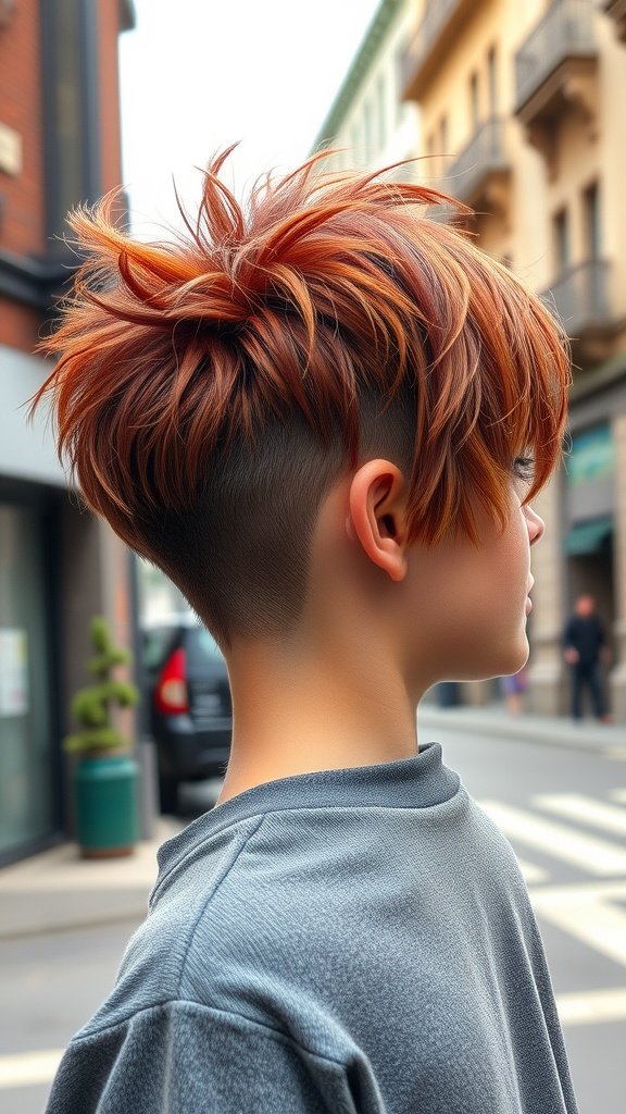 A person showcasing a pixie shag haircut with an undercut, featuring vibrant colors and tousled layers.