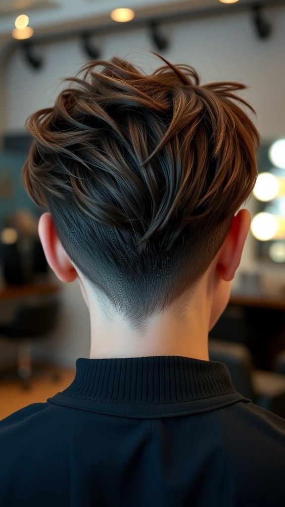 Back view of a pixie haircut with layered sides and voluminous top, showcasing texture and shape.
