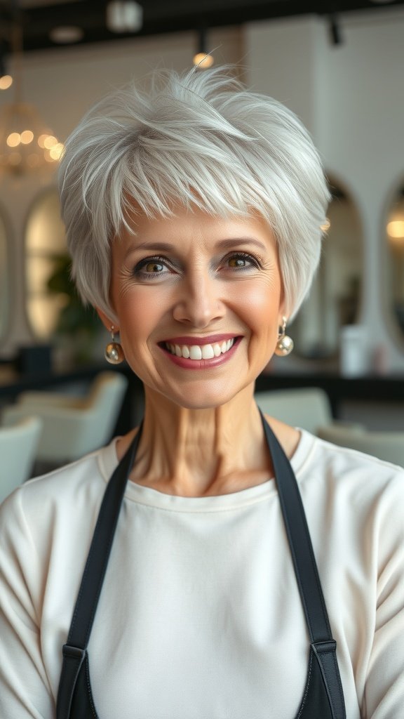 A smiling older woman with a pixie haircut featuring long-feathered layers, showcasing a stylish and confident look.