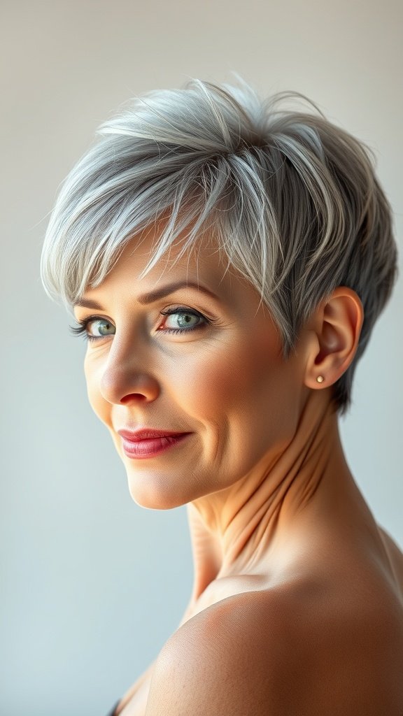 A woman with a stylish pixie haircut featuring natural gray hair and subtle highlights, showcasing a confident smile.