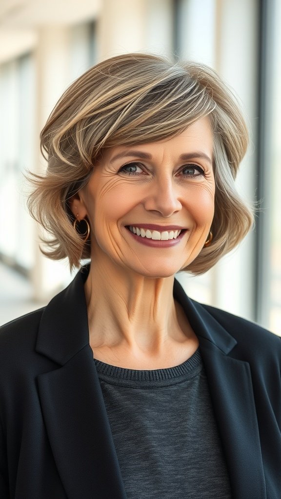 A woman over 50 with a pixie haircut featuring soft waves and side-swept bangs, smiling confidently.