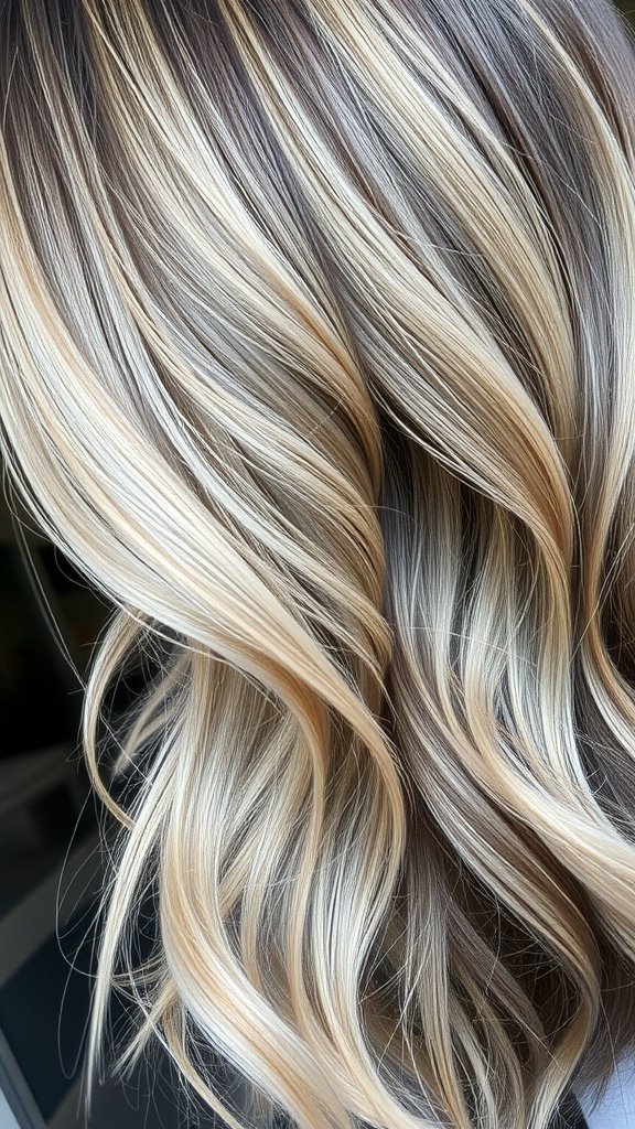 A close-up view of hair featuring platinum blonde and charcoal balayage, showcasing soft waves and a blend of colors.