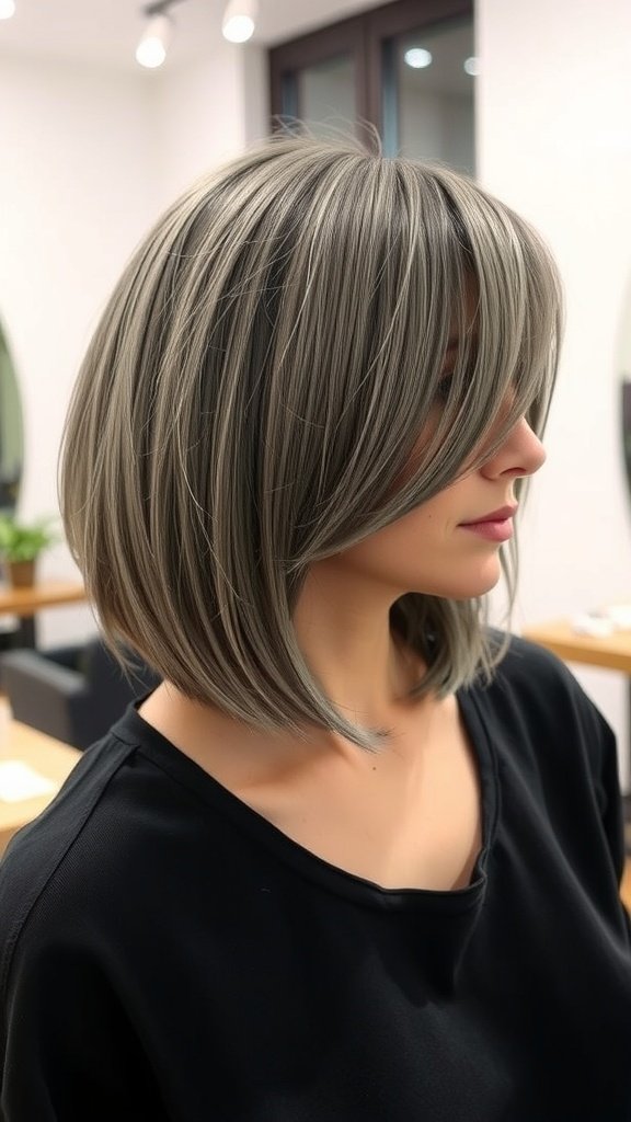 A woman with a polished gray bob hairstyle featuring arched bangs.