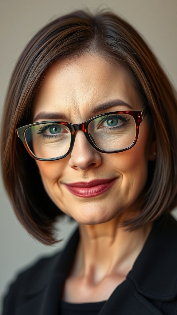 A woman with a polished bob hairstyle and arched bangs, wearing glasses, smiling confidently.