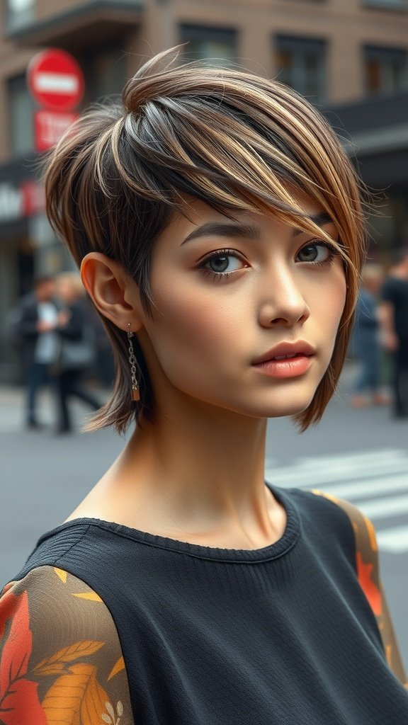 A model showcasing a razor-cut shag hairstyle with peekaboo color highlights.