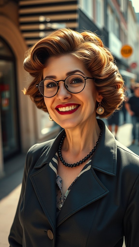 A woman with retro victory rolls hairstyle, wearing glasses and red lipstick, smiling confidently.