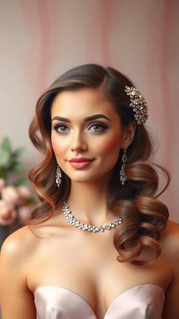 A young woman with retro waves and pin curls, wearing elegant jewelry and a strapless dress.