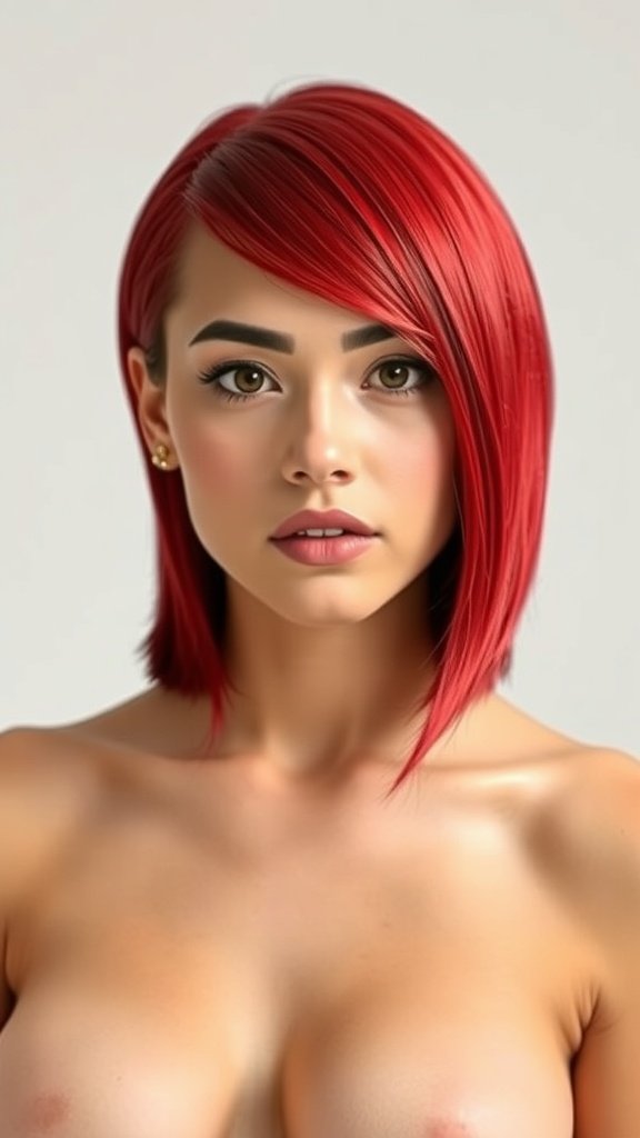 A woman with a scarlet red bob hairstyle, showcasing a bold and stylish look.