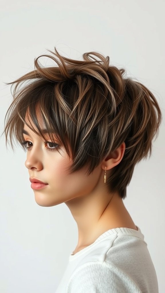 A woman with a shaggy pixie haircut featuring an elongated front, showcasing a modern and stylish look.