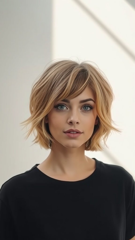 A woman with a short shag hairstyle featuring face-framing layers, showcasing a stylish and youthful look.