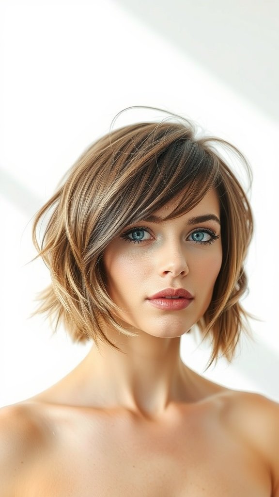 A woman with short shag hairstyle featuring face-framing pieces, showcasing a stylish and modern look.