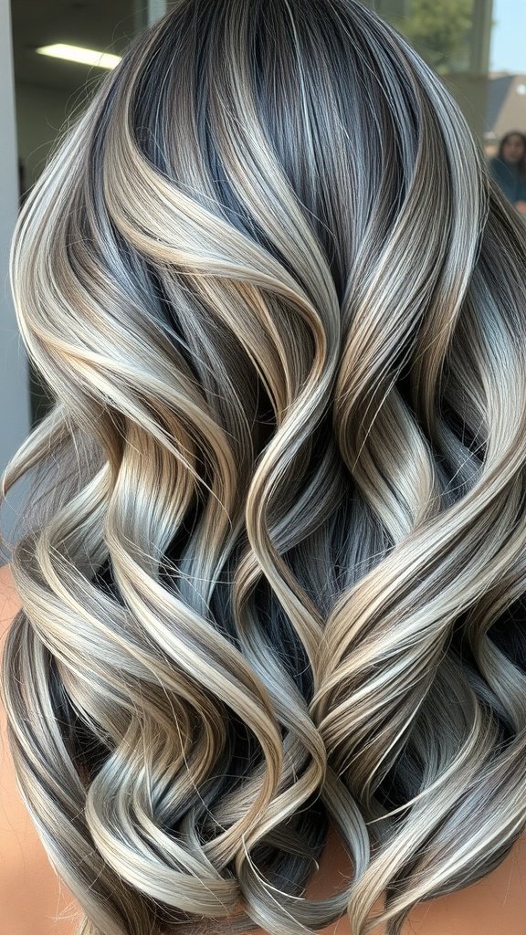 A close-up view of hair styled in soft waves, featuring a blend of dark hair with silver gray highlights.