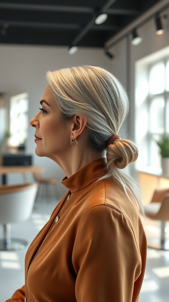 A woman with a simple low ponytail and side part, showcasing an elegant hairstyle.