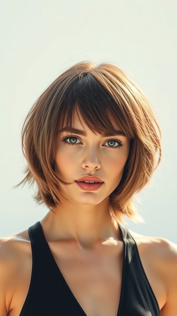 A woman with a soft feathered bob hairstyle featuring side bangs, showcasing volume and style.