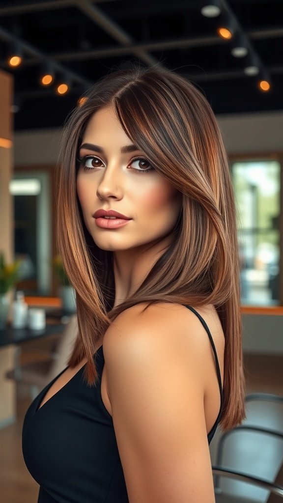Model with straight hair and feathered side bangs, showcasing a stylish look.