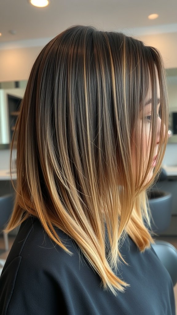 A woman with a straight lob haircut featuring internal layers, showcasing a smooth and stylish look.