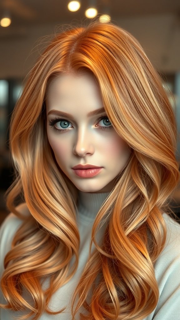 A woman with strawberry blonde hair styled in soft waves, featuring a money piece that frames her face.