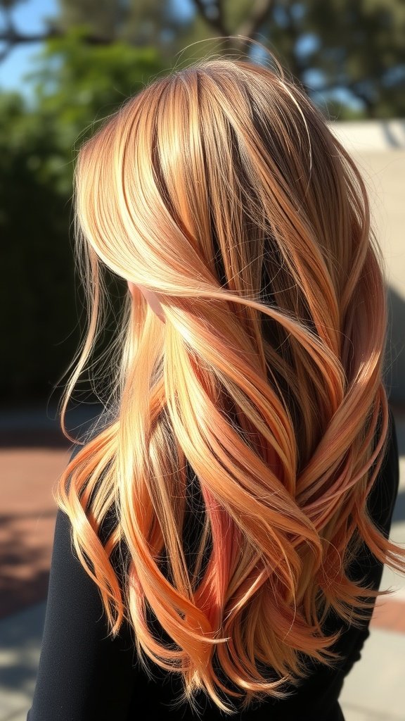 A hairstyle featuring a blend of sunkissed blonde and peachy coral colors, styled in loose waves.