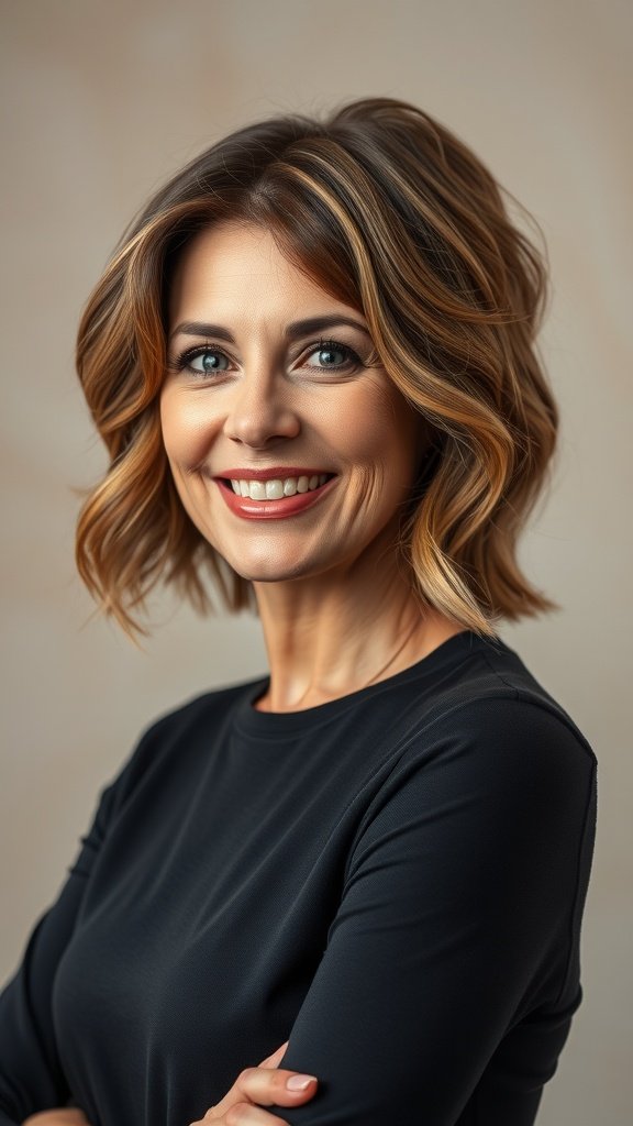A woman with a textured wavy bob hairstyle featuring highlights, smiling confidently.