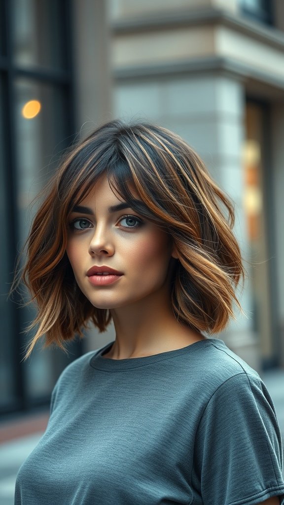 A woman with a tousled lob hairstyle featuring choppy angled ends, looking stylish and confident.